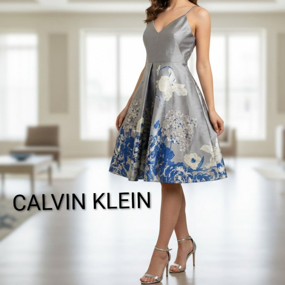 Women's Calvin Klein Gray & Blue Floral Fit & Flare Dress Size 2